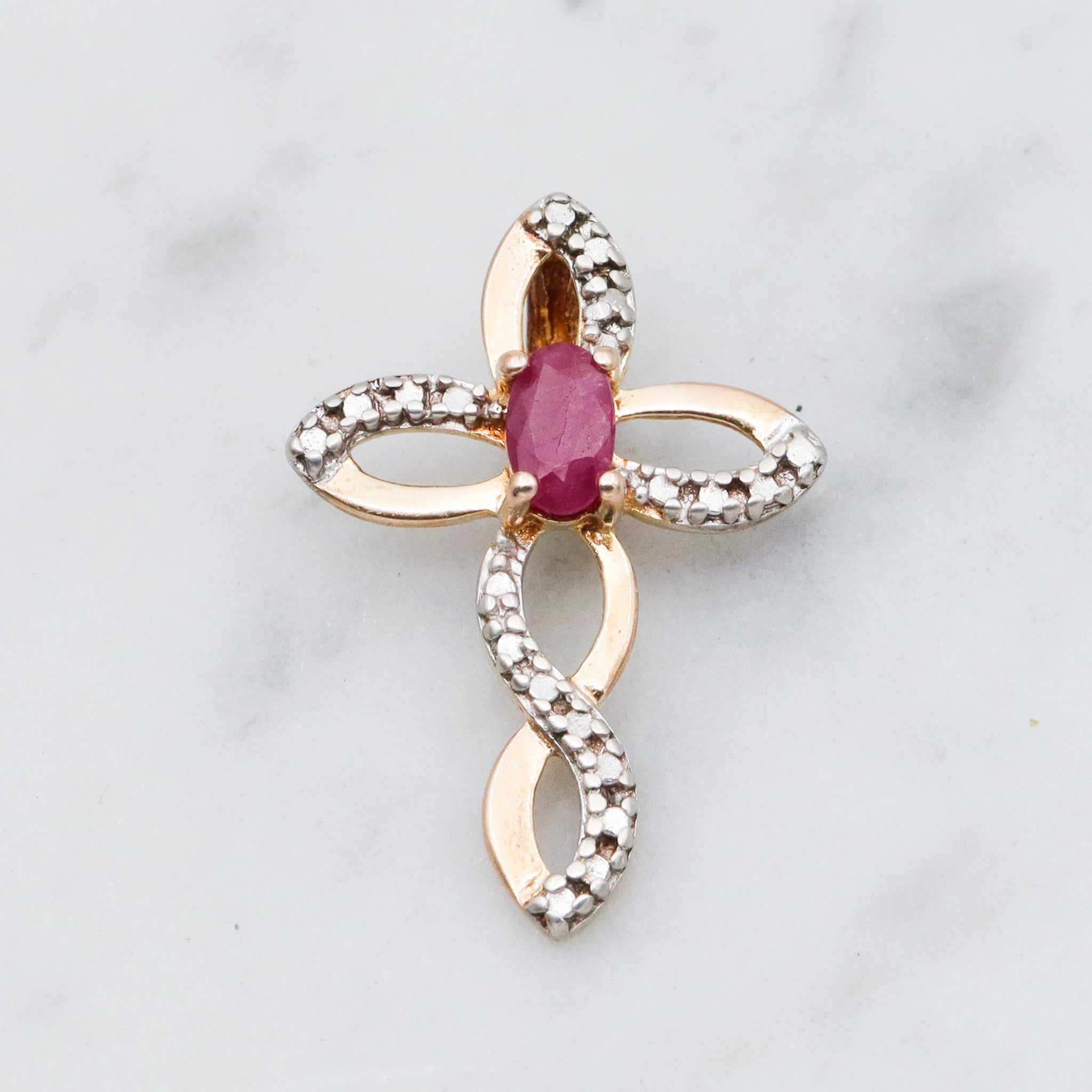 Vintage two toned sterling silver ruby & diamond cross pendant